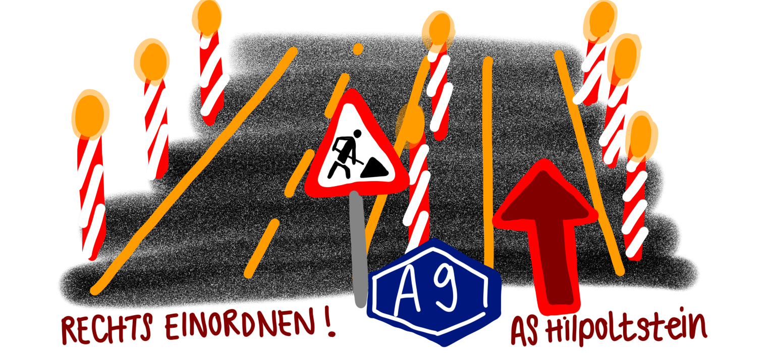 Autobahnbaustelle mit Hinweis: 'A9, Rechts einordnen, AS Hilpolstein', links zwei Fahrstreifen, rechts ein Fahrstreifen